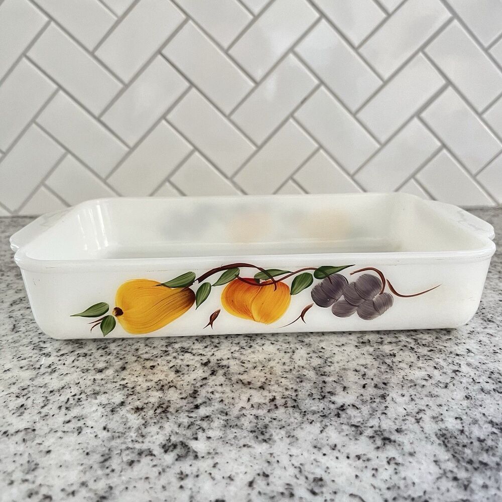 Vintage Fire King 410 2.5 Qt 18” Milk Glass Roaster Fruit Grapes Baking Dish